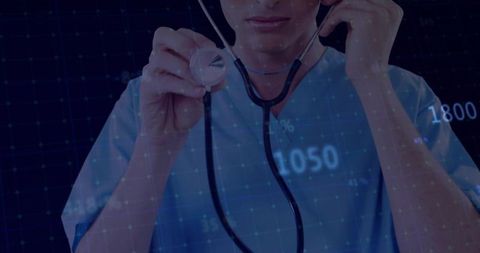 Doctor Using Stethoscope in Digital Data Environment