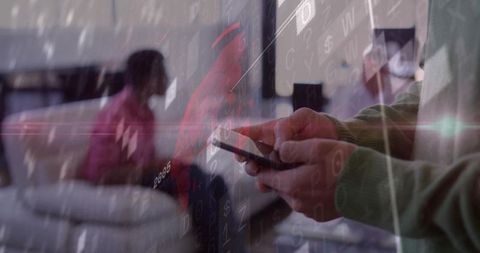 Businessman Engaging with Smartphone in Office with Digital Overlay Interaction