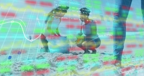 Family beach fun with financial data overlay for recreation and technology