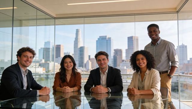 Diverse business team collaborating around glass conference table with downtown skyline