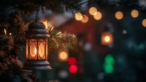 Flickering Lantern Hanging from Snowy Pine at Dusk with Warm Candlelight Bokeh