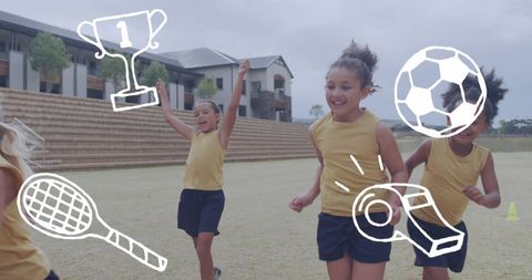 Happy Schoolgirls Playing on Sports Field with Fun Icons Overlay