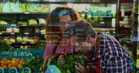 Grocery team inspecting fresh herbs and produce with augmented reality analytics overlay