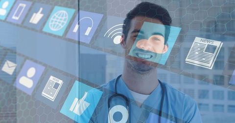 Male Doctor Engaging with Digital Health Interface in Modern Clinic