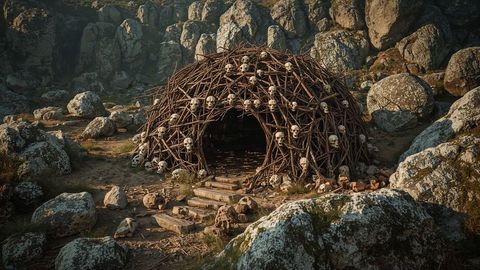 Primitive Hut with Skulls Among Boulders in Rocky Terrain