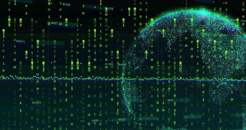 Globe emerging in digital binary code with blue light band