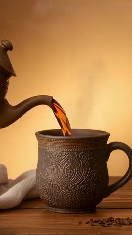 Pouring steaming tea into embossed ceramic mug on wooden table | Vertical video
