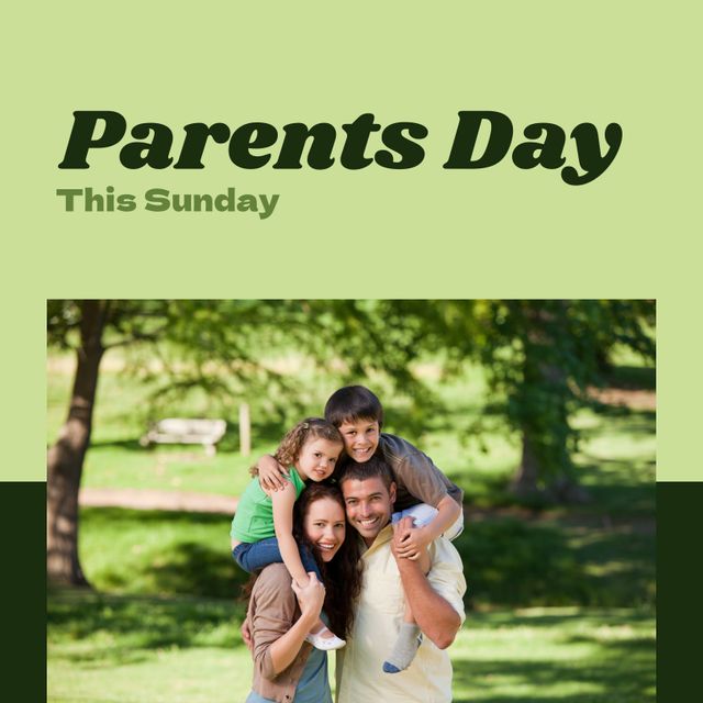 Perfect for promoting Parents Day events and activities. Shows a happy family enjoying a sunny day in the park, making it ideal for community event invites and social media posts. Can be used in promotional material for Sunday gatherings and family-oriented celebrations.