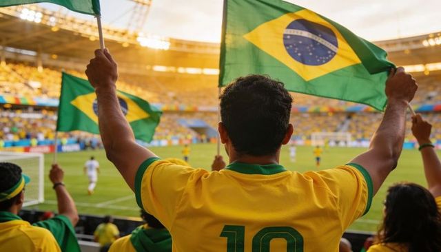 Brazilian football fan waving flag and cheering in stadium at golden hour