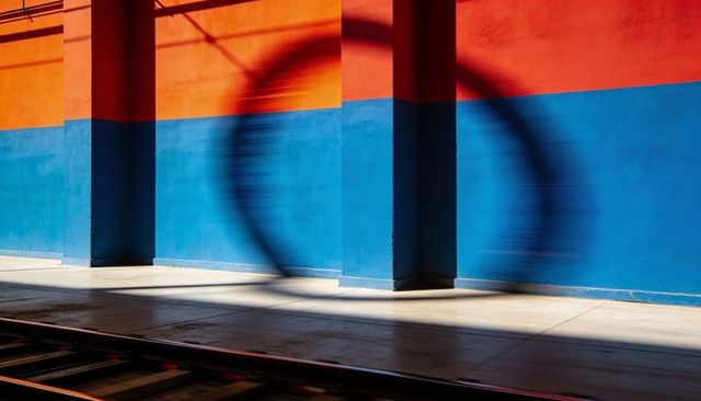 Central column casting blurred circular shadow across orange and blue metro platform