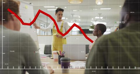 Diverse team analyzing decline in financial graph
