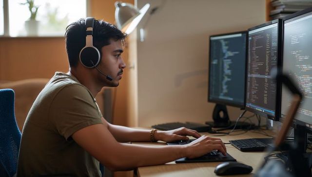 Dedicated Programmer Working Home Office Multiple Monitors