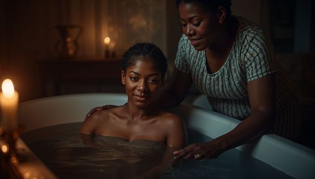 Mother and daughter bonding during relaxing candlelit bath