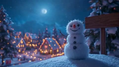 Charming Snowman Overlooks Winter Village at Moonlight