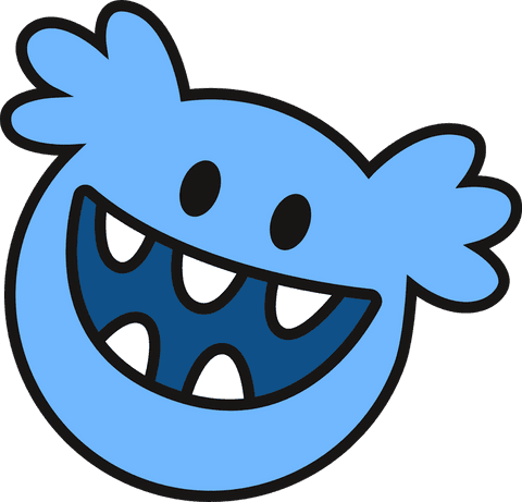 Playful blue cartoon monster with toothy grin on transparent background