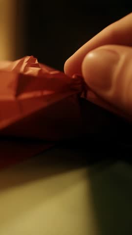 Pinching and Twisting Red Wrapper with Thumb and Index Finger | Close-up Vertical Video