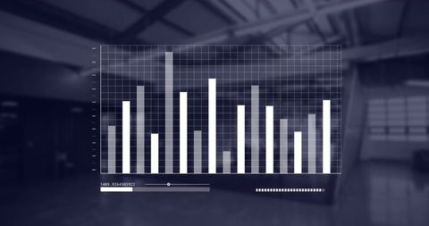 Semi-transparent bar chart overlaying industrial warehouse with data dashboard and slider
