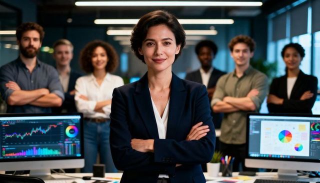 Confident female leader with diverse team in office displaying analytics and dashboard visuals