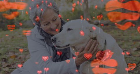 Happy senior woman and labrador with love symbols