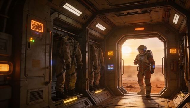 Checking suited astronaut adjusting wrist device at martian habitat airlock during sunset