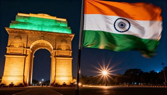 India gate at night with waving indian flag illuminated tricolor landmark and starburst
