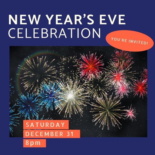 Ideal for inviting guests to a festive New Year's Eve event. Suitable for party announcements, social media posts, and event flyers. Features colorful fireworks creating excitement and anticipation for the celebration.
