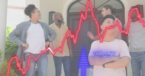 Diverse men standing at modern home entrance with digital stock market graph overlay