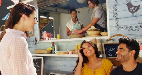 Joyful Friends Enjoying Food Truck Experience on Sunny Day - Download Free Stock Images Pikwizard.com