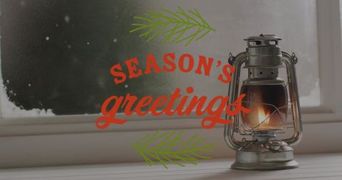 Season's Greetings with Lantern and Winter Window Scene