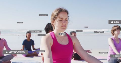 Diverse Women Meditating on Beach with Digital Icon Overlays