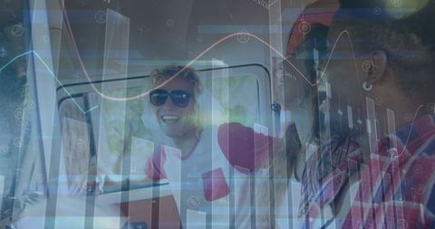 Graphs overlay diverse friends car trip journey outdoors