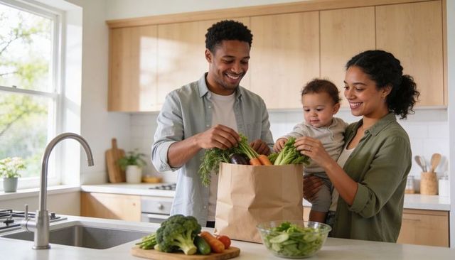 Young parents unpacking fresh groceries at bright modern kitchen island with smiling baby
