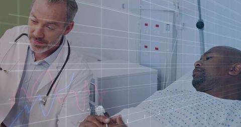 Doctor examining patient in hospital with medical chart overlay
