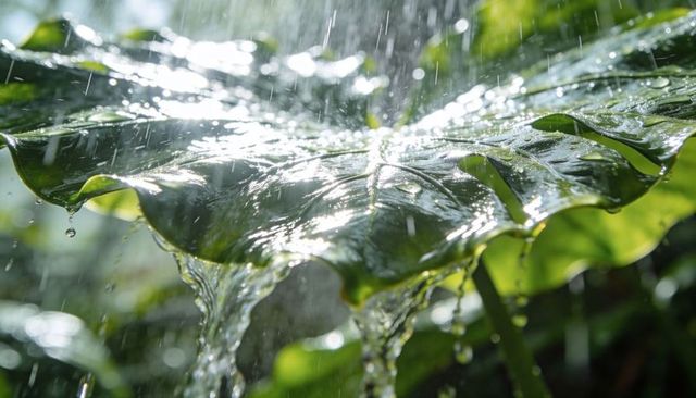 Cascading rain on glossy elephant ear leaf with dripping water and sunlit droplets