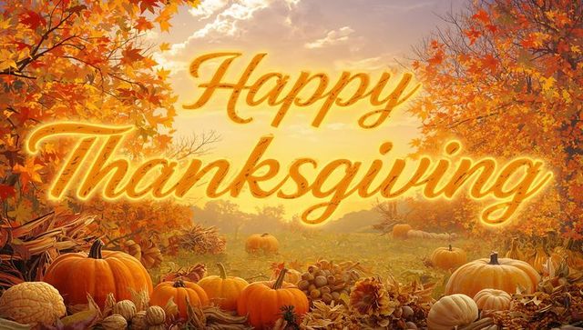 Glowing Cursive Happy Thanksgiving Over Golden Meadow with Pumpkins and Autumn Foliage