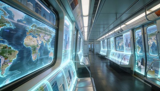 Empty Futuristic Subway Car Interior with Backlit World Maps and Cyan LED Panels Minimalist