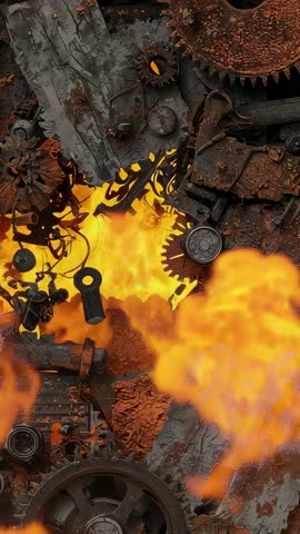 Vertical video of flames flickering through rusty gears and cogs in industrial scrapyard