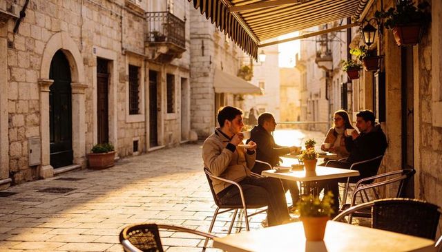Friends enjoying coffee at sunlit mediterranean cobblestone cafe under striped awning