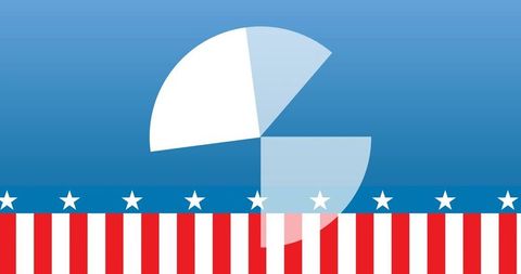 Patriotic pie chart showing segmented circle over stars and stripes for election data