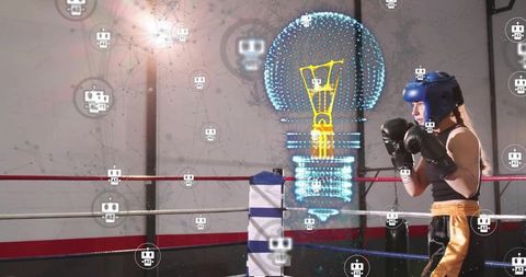Female boxer guarding in ring corner wearing headgear and gloves with holographic tech