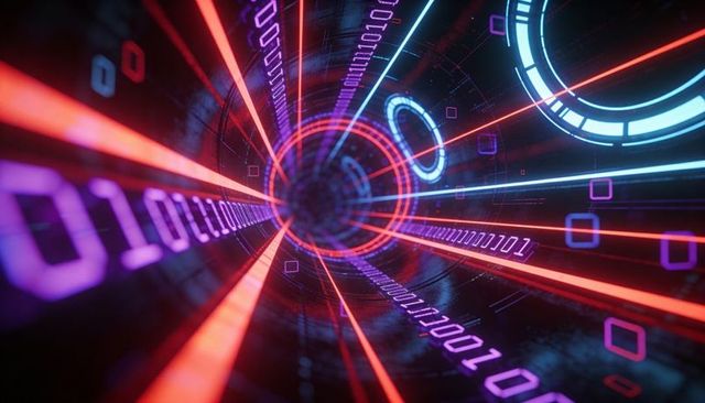 Neon data tunnel vortex streaming binary lines through futuristic cyber corridor magenta
