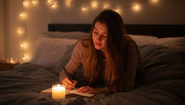 Woman writing in bed by candlelight for intimate relaxation