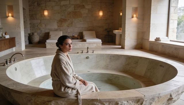 Woman in bathrobe relaxing on marble soaking tub rim in luxury spa suite