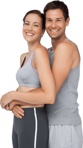 Transparent Smiling Fit Couple Embracing in Activewear