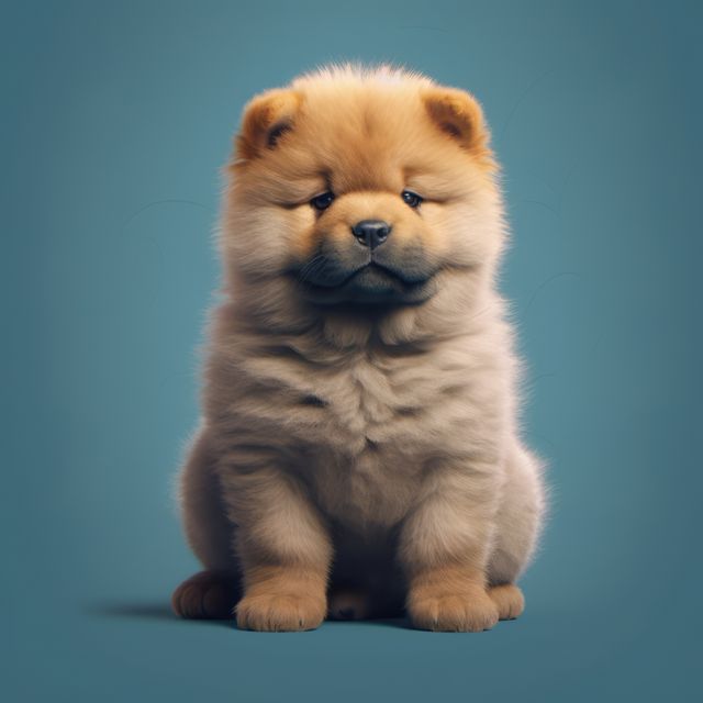 Portrait of cute chow chow puppy on blue background, created using generative ai technology. Animal, puppy, pet and dog concept digitally generated image.