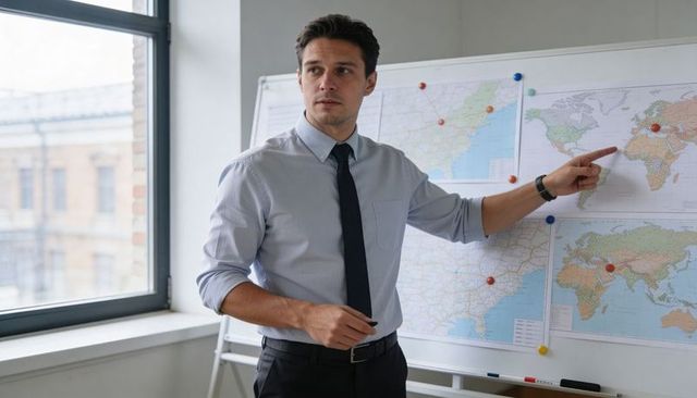 Business professional presenting logistics map in office meeting pointing at world map