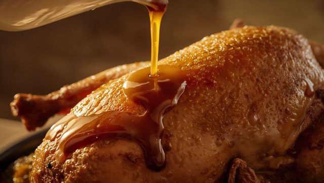 Pouring savory gravy over golden roasted chicken