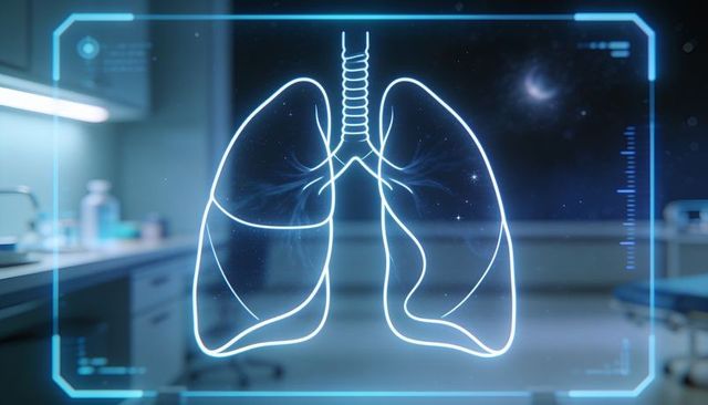 Displaying holographic lungs in futuristic medical lab with augmented hud anatomy overlay