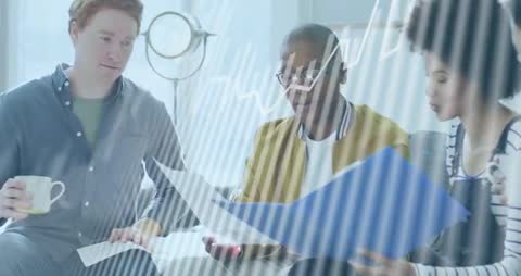 Presenting business analytics: Team reviewing rising line chart in casual coworking lounge