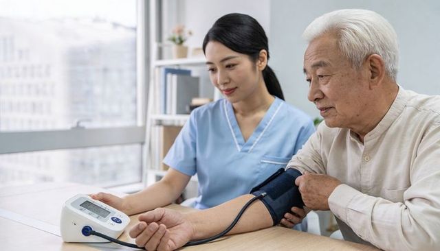 Nurse measuring blood pressure of elderly man during clinical checkup in bright clinic